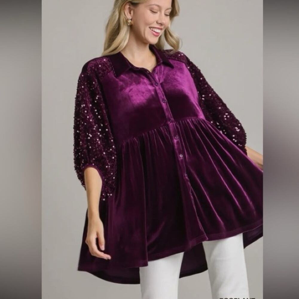 Umgee Purple Shine Bright Sequin Velvet Button Down Tunic Dress Small Oversized